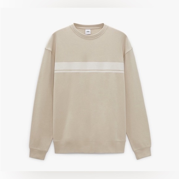 Zara Man Beige Sweatshirt with Contrast Stripe Size M NWT - Picture 1 of 5